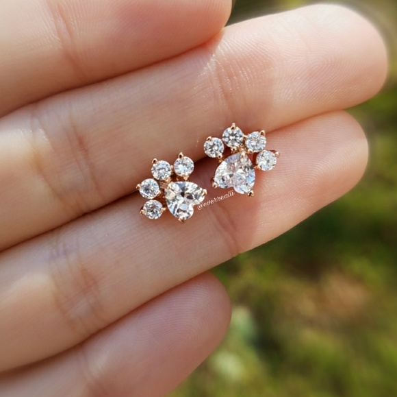 Gold Diamond Heart Paw Print earrings ear ring - Picture 3 of 7